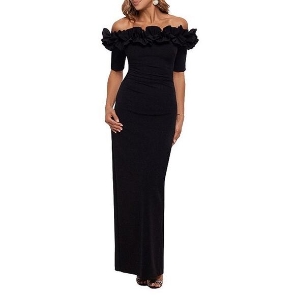 XSCAPE Women's Ruffled Off-the-Shoulder Short Sleeve Crepe Sheath Gown 12 NWT - Picture 1 of 14